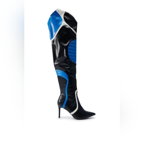 "Cyberstrut 99: Tokyo Skyline" Chic Black and Blue Heeled Boots - Picture 9 of 9